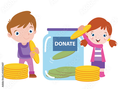 Children donates money cartoon 2d vector concept for banner, website, illustration, landing page, flyer, etc.