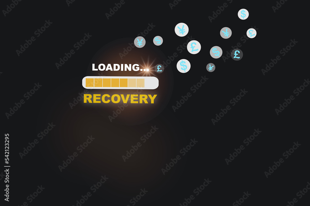 Obraz premium Recovery Loading with currency symbol on black background. Business success with earning concept and start up challenge idea