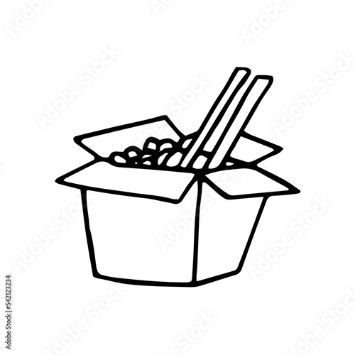 noodles in a box and chopsticks hand drawn in doodle style.