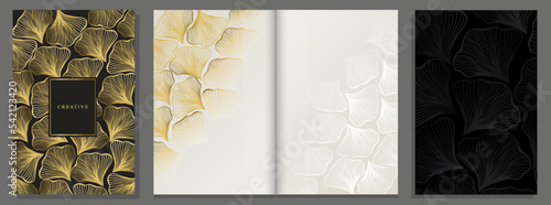 Luxury brochure cover. Hand drawn gold, black and gold petals. Interior design on blank sheet. Elegant booklet and backgrounds.