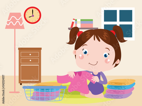 Housekeeping vector concept.Happy little girl folding clothes while sitting in the living room at home