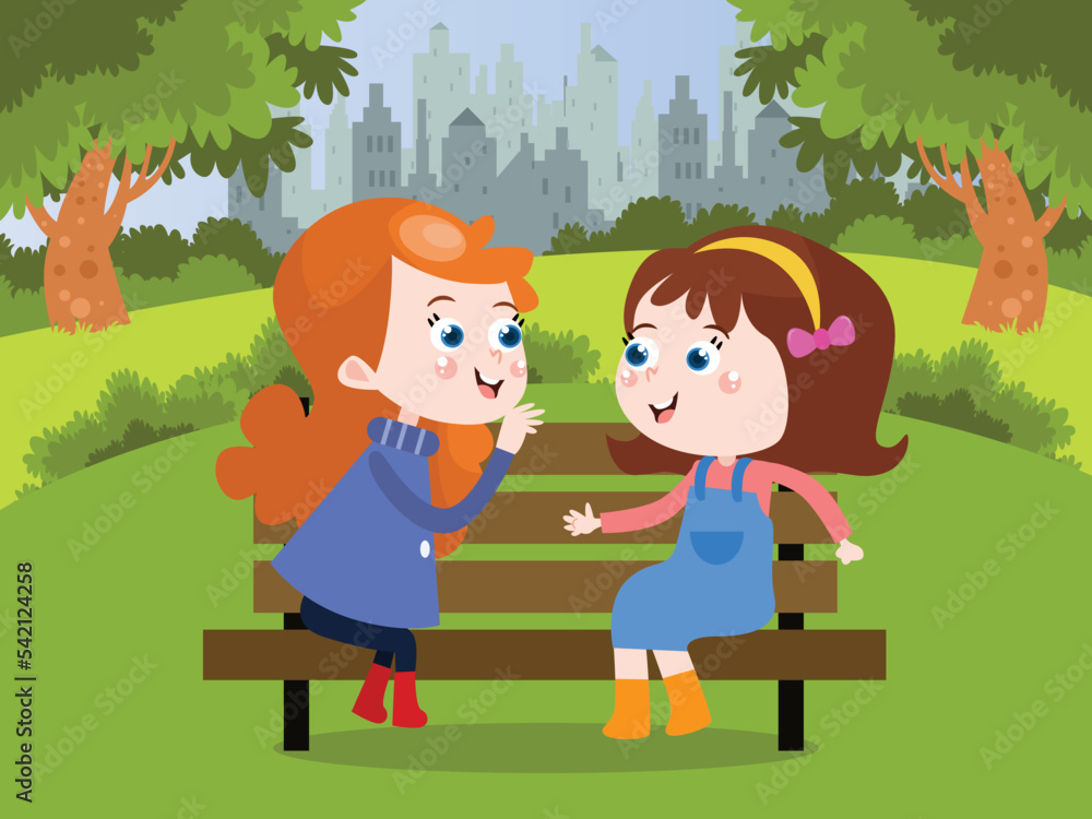 Children chatting together while sitting on the bench at the park, flat design illustration