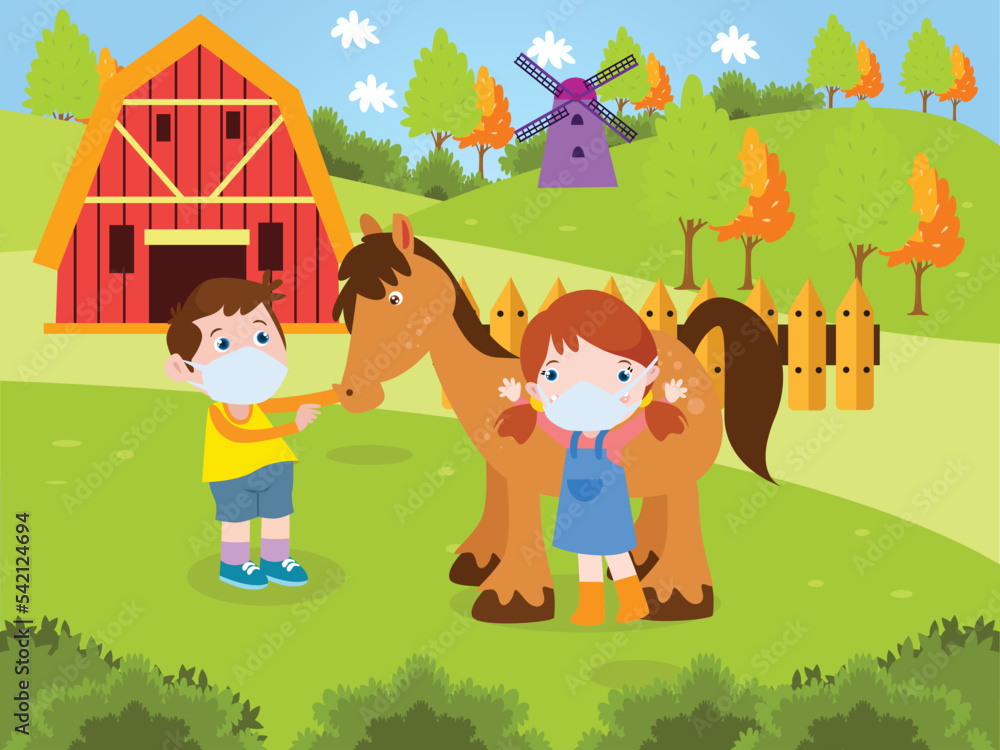 Naklejka premium Children playing with a horse at farm
