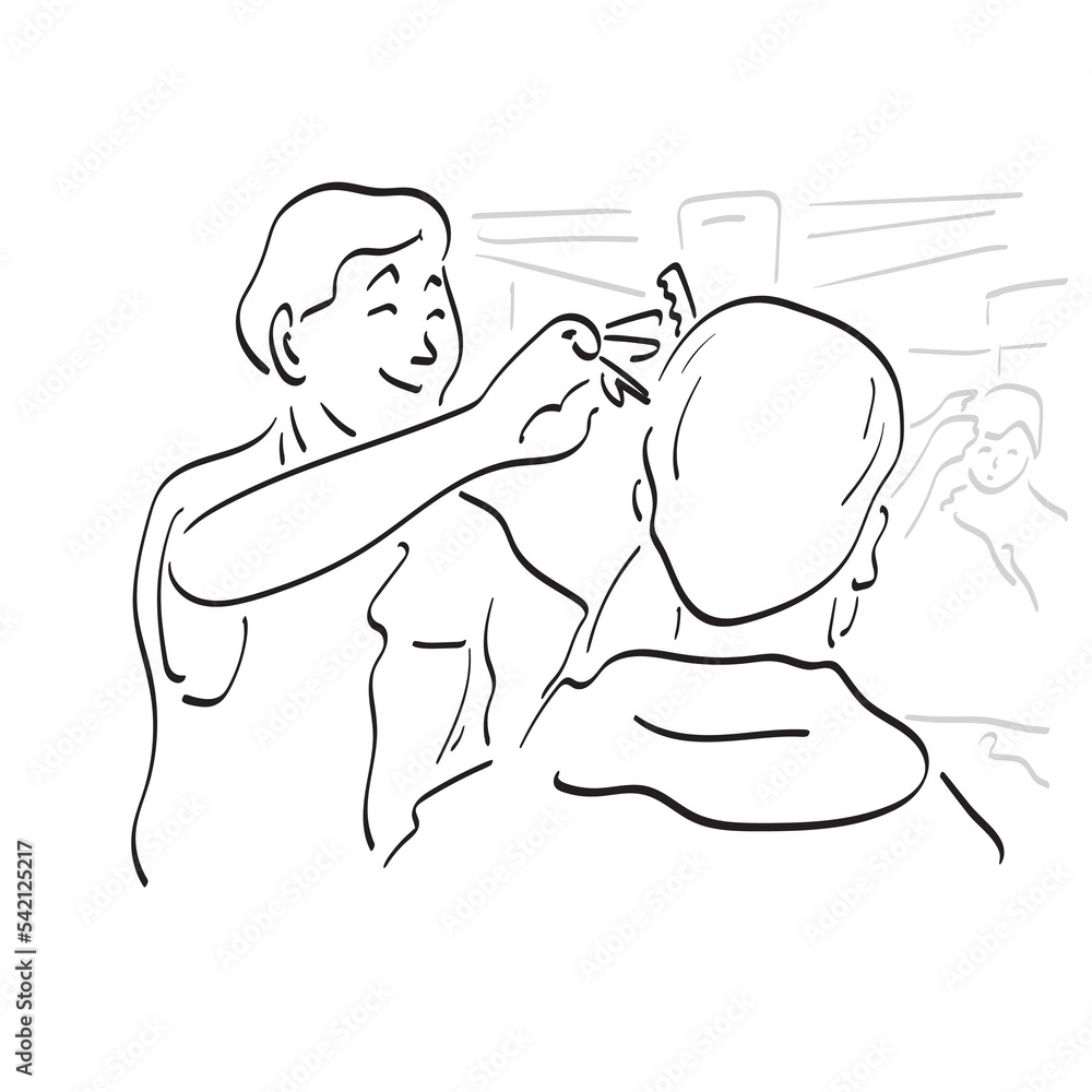Male hairdresser making a haircut with scissors for a young man in barber shop illustration vector hand drawn isolated on white background line art.