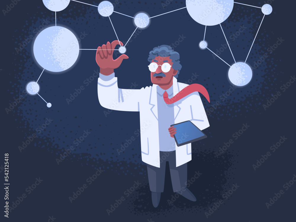 Science. A scientist man in glasses and a lab coat examines atoms or neurons. A scientific discovery in the field of physics or chemistry. Vector illustration Science. A scientist man in glasses and a lab coat examines atoms or neurons. A scientific discovery in the field of physics or chemistry. Vector illustration