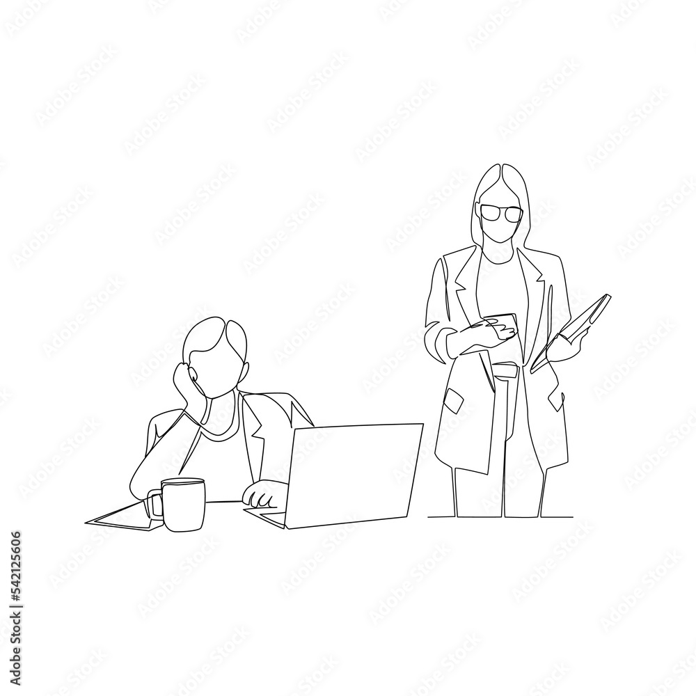 Vector illustration of people working on a laptop drawn in line-art style