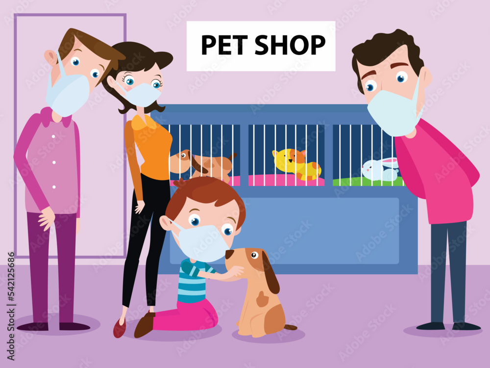 Family buying a puppy in the pet shop