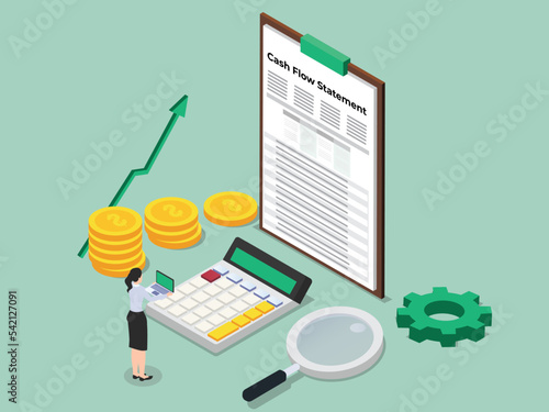 Businesswoman checking cash flow statement document with calculator and magnifying glass