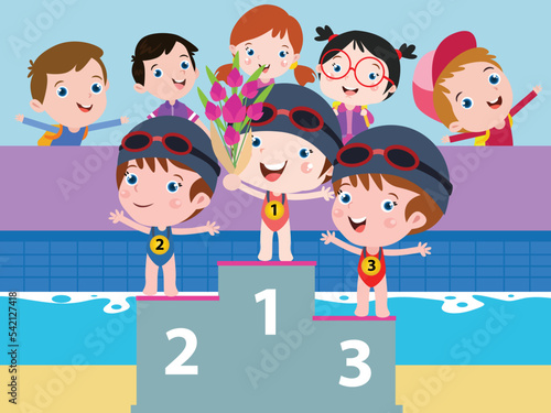 Swimming competition vector concept: Group of children doing swimming competition in swimming pool while standing in place podium