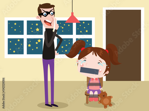 Kidnapping vector concept: Little girl crying on the chair while cruel kidnaper threatens her