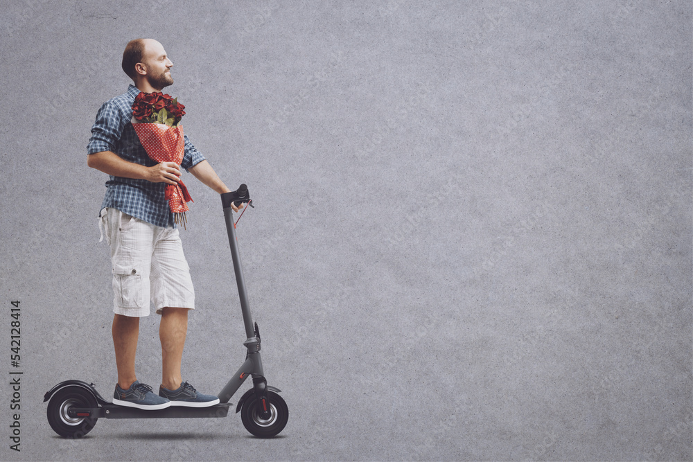 Man going on a date with an e-scooter Man going on a date with an e-scooter