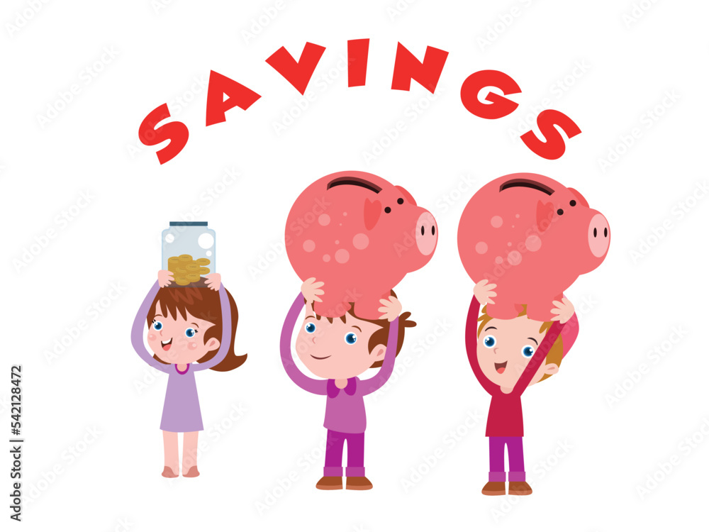 Smiling children cartoon character saving money in piggybank Smiling children cartoon character saving money in piggybank