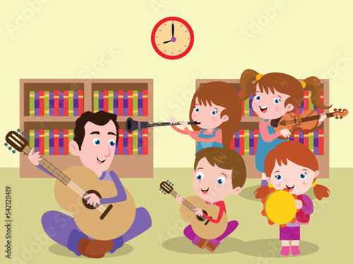 Learning music vector concept: Male teacher and group of students playing music instrument together at school. 