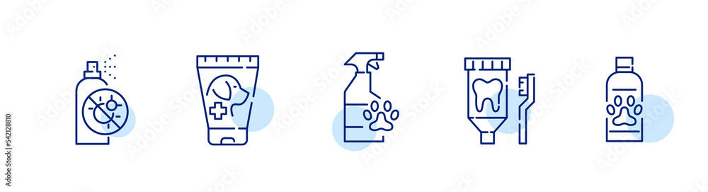 Pet hygiene supplies set. Dog shampoo, toothpaste and pest repellent spray. Pixel perfect, editable stroke line icon Pet hygiene supplies set. Dog shampoo, toothpaste and pest repellent spray. Pixel perfect, editable stroke line icon
