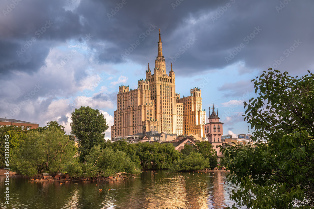 The view on the residential Stalinist high-rise building on Kudrinskaya Square. It is the one of seven Stalinist skyscrapers built in 1947-1954.