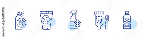 Pet hygiene supplies set. Dog shampoo, toothpaste and pest repellent spray. Pixel perfect, editable stroke line icon