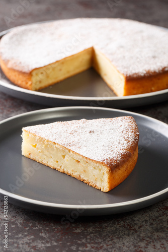 Homemade a piece yogurt cake with icing sugar closeup in a plate on a table. Vertical