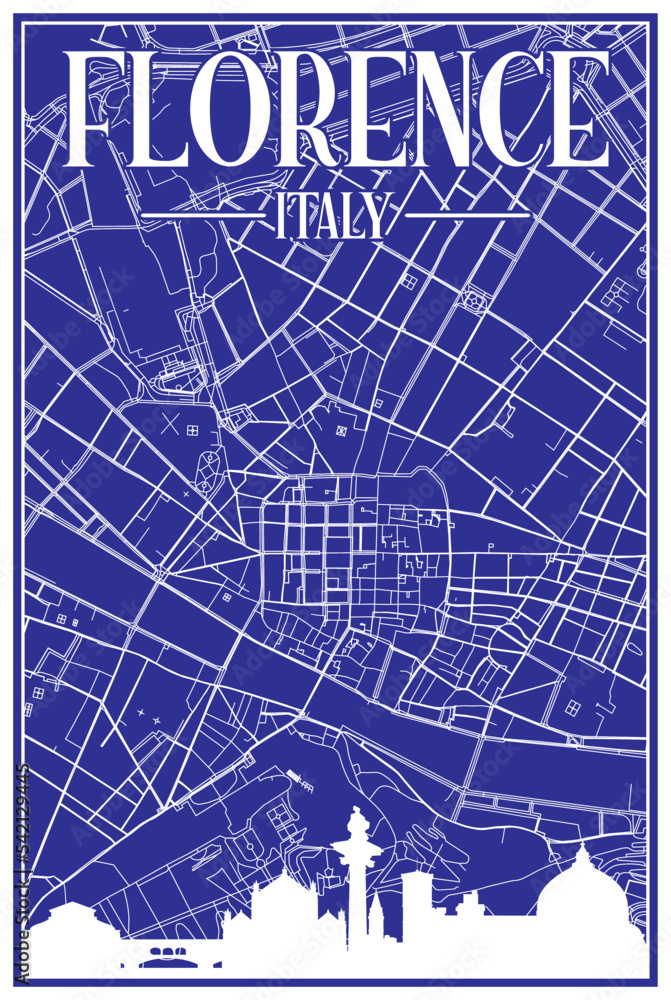 Blue vintage hand-drawn printout streets network map of the downtown ...