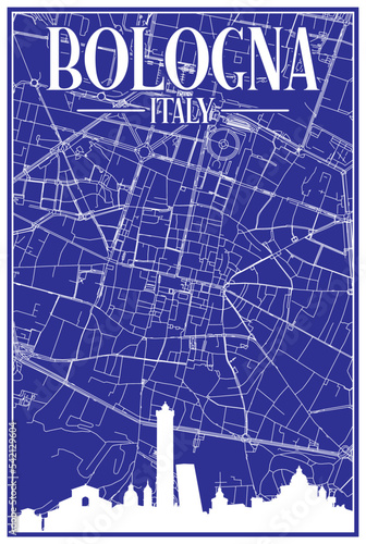 Blue vintage hand-drawn printout streets network map of the downtown BOLOGNA, ITALY with brown highlighted city skyline and lettering