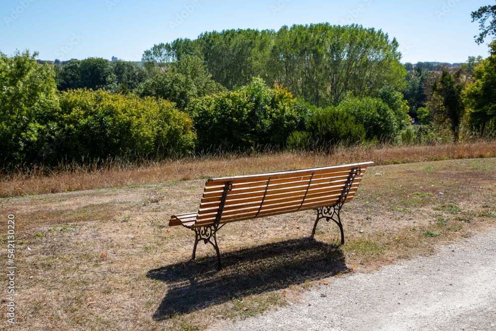 wooden steel bench iron and wood in summer day park wooden steel bench iron and wood in summer day park