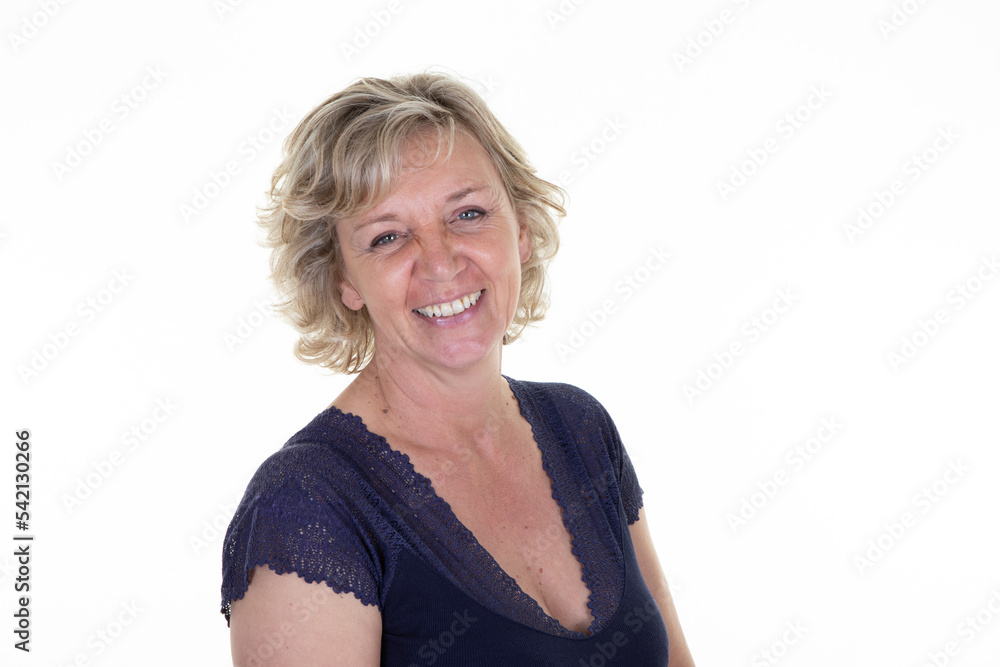 Happy Smiling Mature Woman blonde happy smile portrait senior on white background Happy Smiling Mature Woman blonde happy smile portrait senior on white background