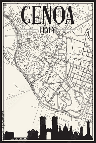 White vintage hand-drawn printout streets network map of the downtown GENOA, ITALY with brown highlighted city skyline and lettering