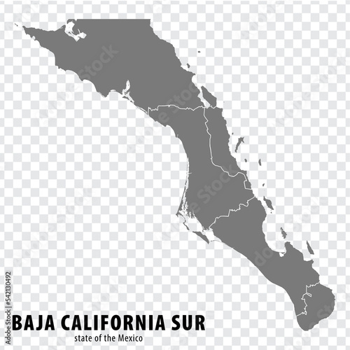 State Baja California Sur of Mexico map on transparent background. Blank map of  Baja California Sur with  regions in gray for your web site design, logo, app, UI. Mexico. EPS10. photo