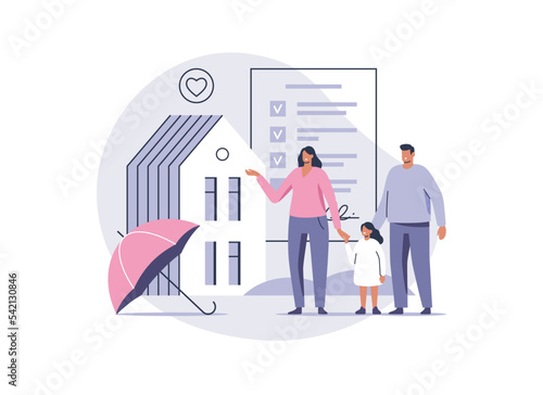 House property insurance. Care family, house safety under umbrella. Vector illustration.