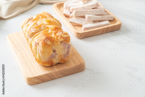 taro toast bread on wood board