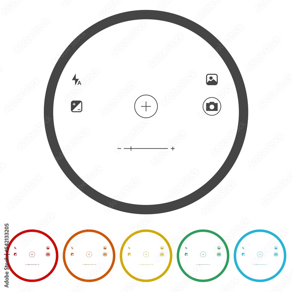 Naklejka premium Camera viewfinder frame. Set icons in color circle buttons