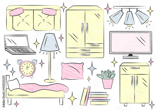 Bedroom interior. A set of stickers. Bed, sofa, wardrobe, TV, chandelier, laptop, pillow, books, alarm clock, flower.