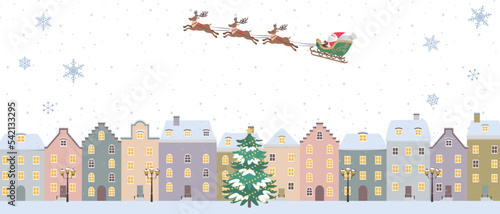 クリスマス背景イラスト　そりに乗ったサンタクロース　 ヨーロッパの街並み