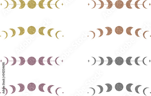 Collection gold, rose gold and black glitter moon phases shapes
