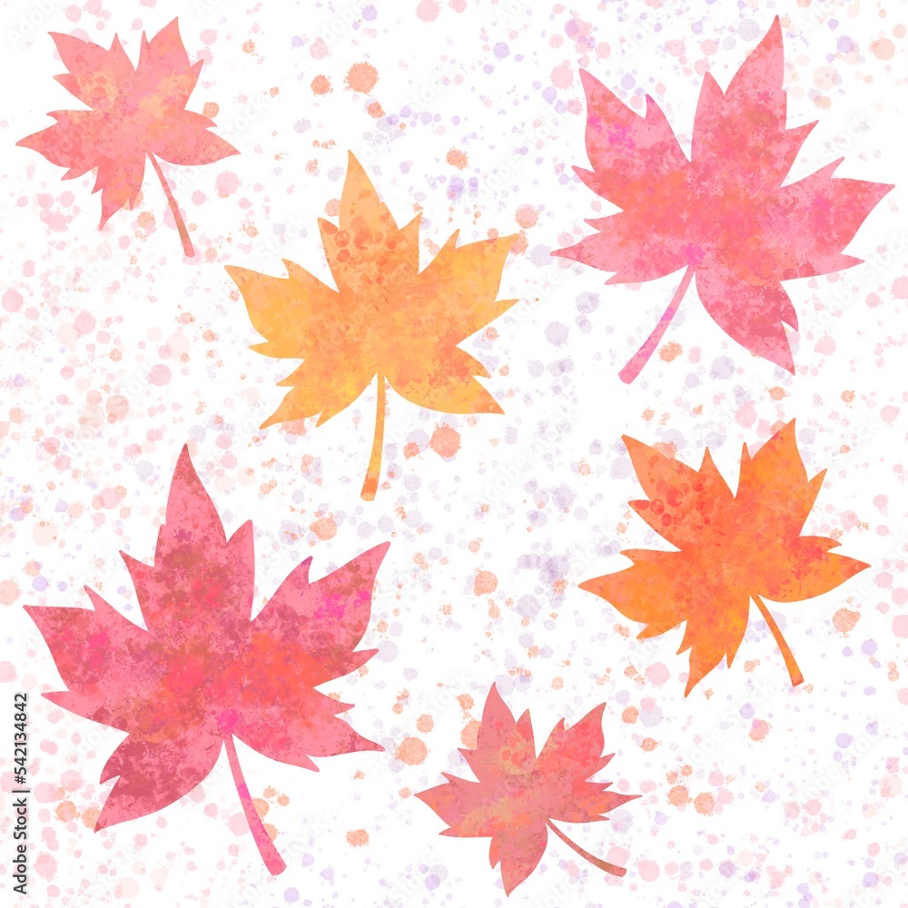 Obraz premium Estampado otoñal de hojas secas de platanero de colores rosas, naranjas y amarillos para patrones con fondo blanco con salpicaduras de pintura estilo acuarela 