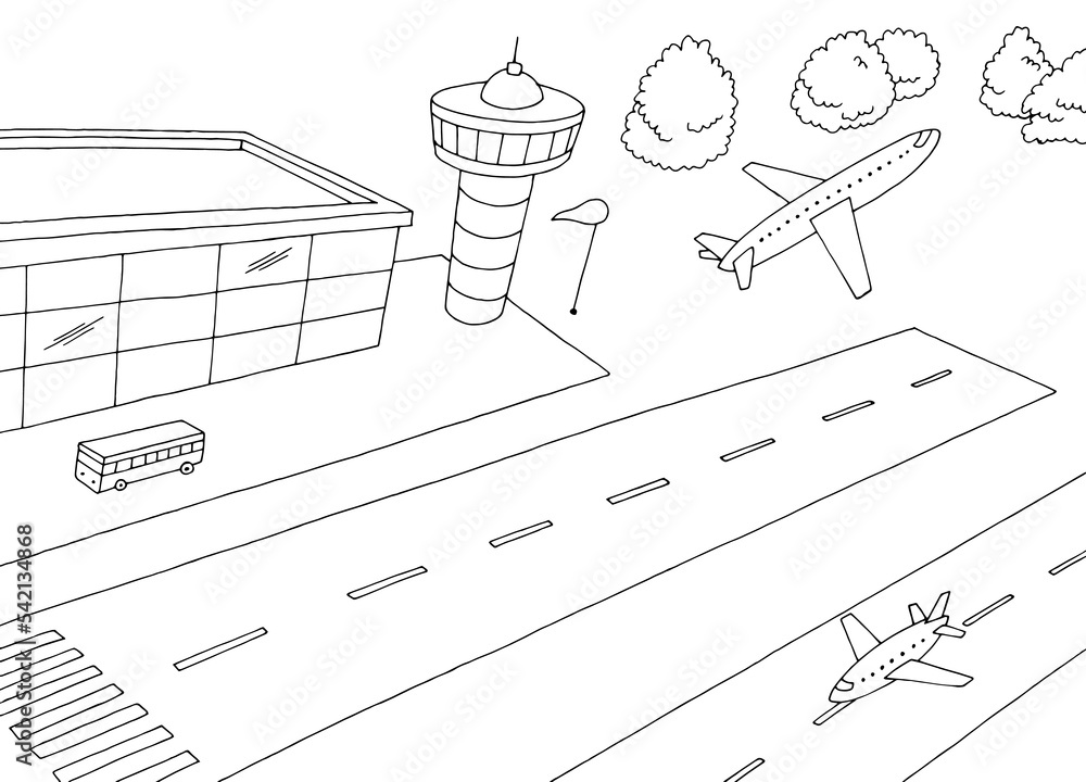 Vecteur Stock Airport exterior plane takes off graphic black white