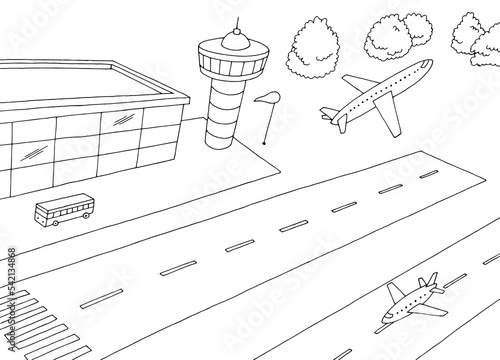 Airport exterior plane takes off graphic black white sketch illustration vector 