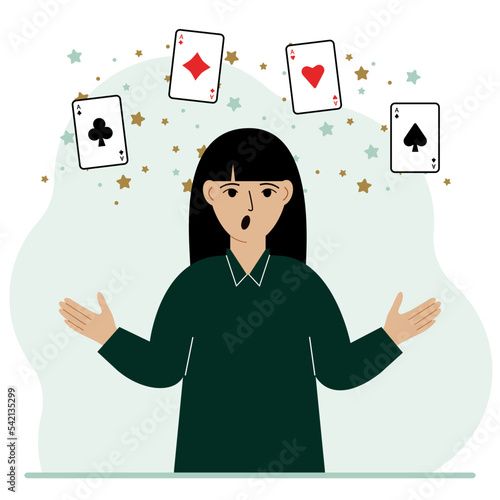 Woman holding playing cards cards. Playing combination of 4 aces or four of a kind.