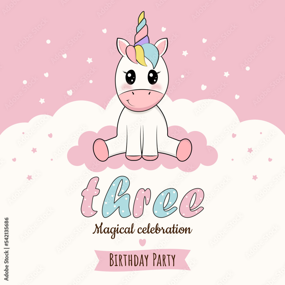 Invitation, birthday card with unicorn. 3 years. Vector illustration