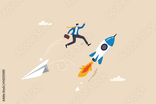 Change to better company, innovation to help success or career change to new path, alternative way or direction concept, ambitious businessman jump from old origami airplane to growing up rocket.