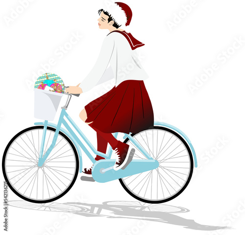 Fototapeta Naklejka Na Ścianę i Meble -  Modern version of Santa Claus, a beautiful girl in a santa hat and a red and white uniform delivering gifts on a bicycle, realistic minimalist illustration vector