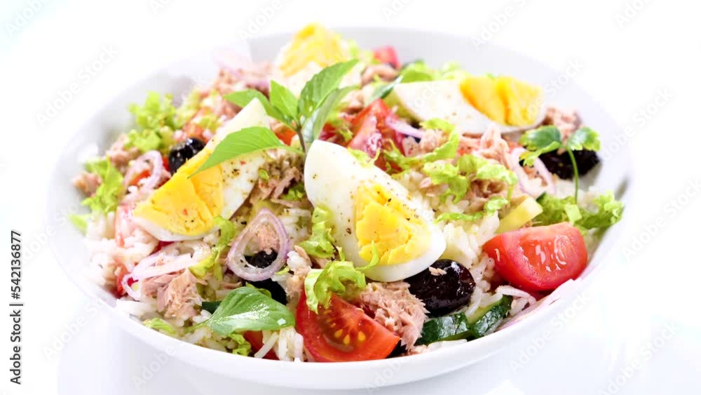 rice salad with egg, tuna, tomato and olive rice salad with egg, tuna, tomato and olive