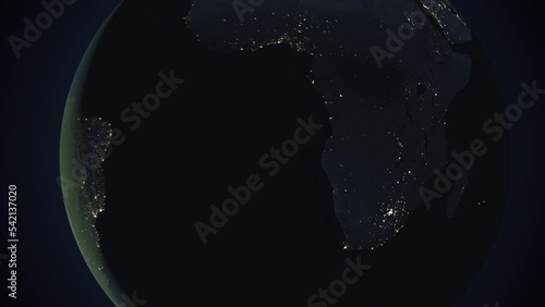 Seamless looping animation of the earth at night zooming in to the 3d map of Zimbabwe with the capital and the biggest cites in 4K resolution