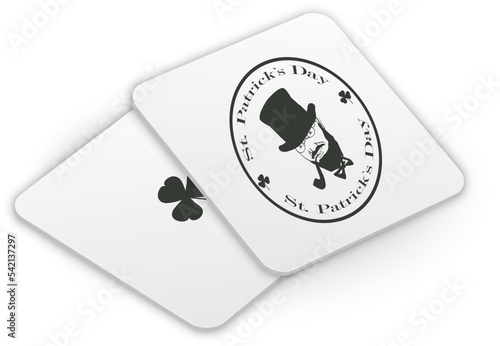Patrick's Day white coaster mockup set. Realistic square shaped protection pads with lucky shamrock clover and Leprechaun with smoking pipe for beer glasses. Festive isometric vector illustration