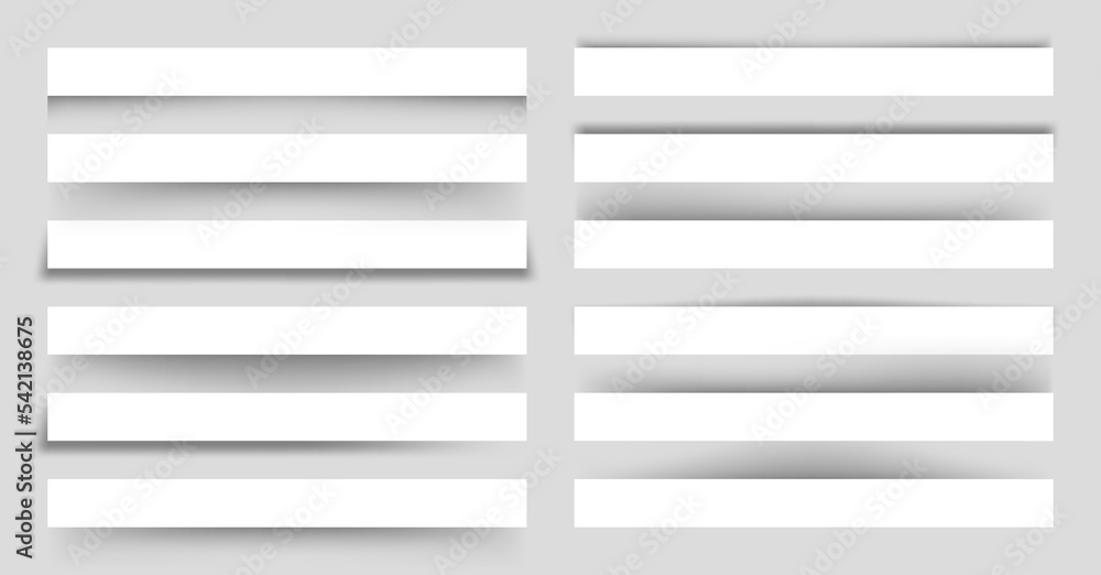 Set of white blank paper scraps with shadows. Page dividers on gray background. Realistic transparent shadow effect. Element for design. Vector illustration. Set of white blank paper scraps with shadows. Page dividers on gray background. Realistic transparent shadow effect. Element for design. Vector illustration.