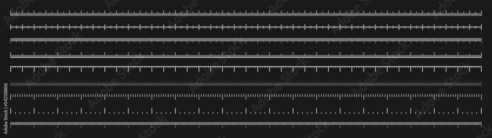 Various measurement scales with divisions. Realistic white scale for measuring length or height in centimeters, millimeters or inches. Ruler, tape measure marks, size indicators. Vector illustration