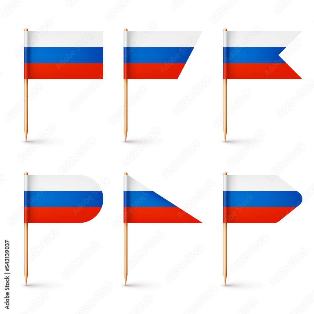 Realistic various Russian toothpick flags. Souvenir from Russia. Wooden toothpicks with paper flag. Location mark, map pointer. Blank mockup for advertising and promotions. Vector illustration Realistic various Russian toothpick flags. Souvenir from Russia. Wooden toothpicks with paper flag. Location mark, map pointer. Blank mockup for advertising and promotions. Vector illustration