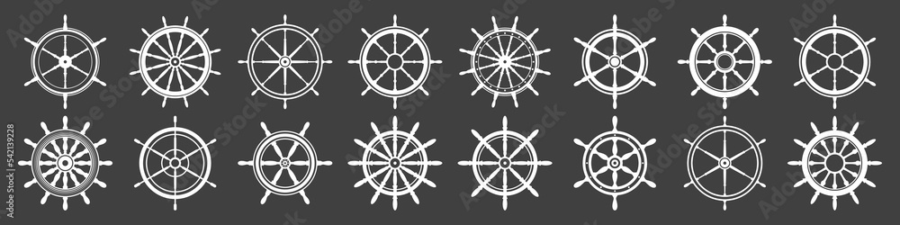 Obraz premium Collection of white vintage steering wheels. Ship, yacht retro wheel symbol. Nautical rudder icon. Marine design element. Vector illustration