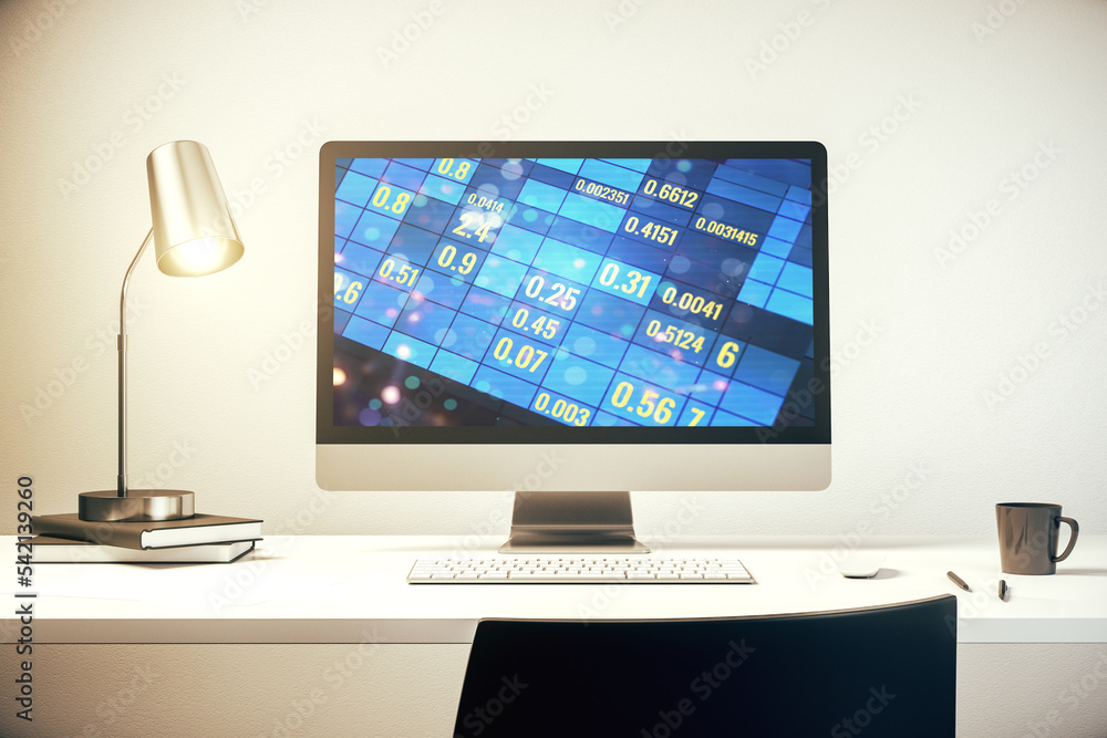 Modern computer monitor with abstract creative statistics data hologram, statistics and analytics concept. 3D Rendering Modern computer monitor with abstract creative statistics data hologram, statistics and analytics concept. 3D Rendering