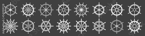Collection of white vintage steering wheels. Ship, yacht retro wheel symbol. Nautical rudder icon. Marine design element. Vector illustration