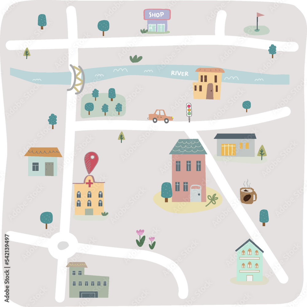 House village with river,cute colors vector illustration. Cartoon community